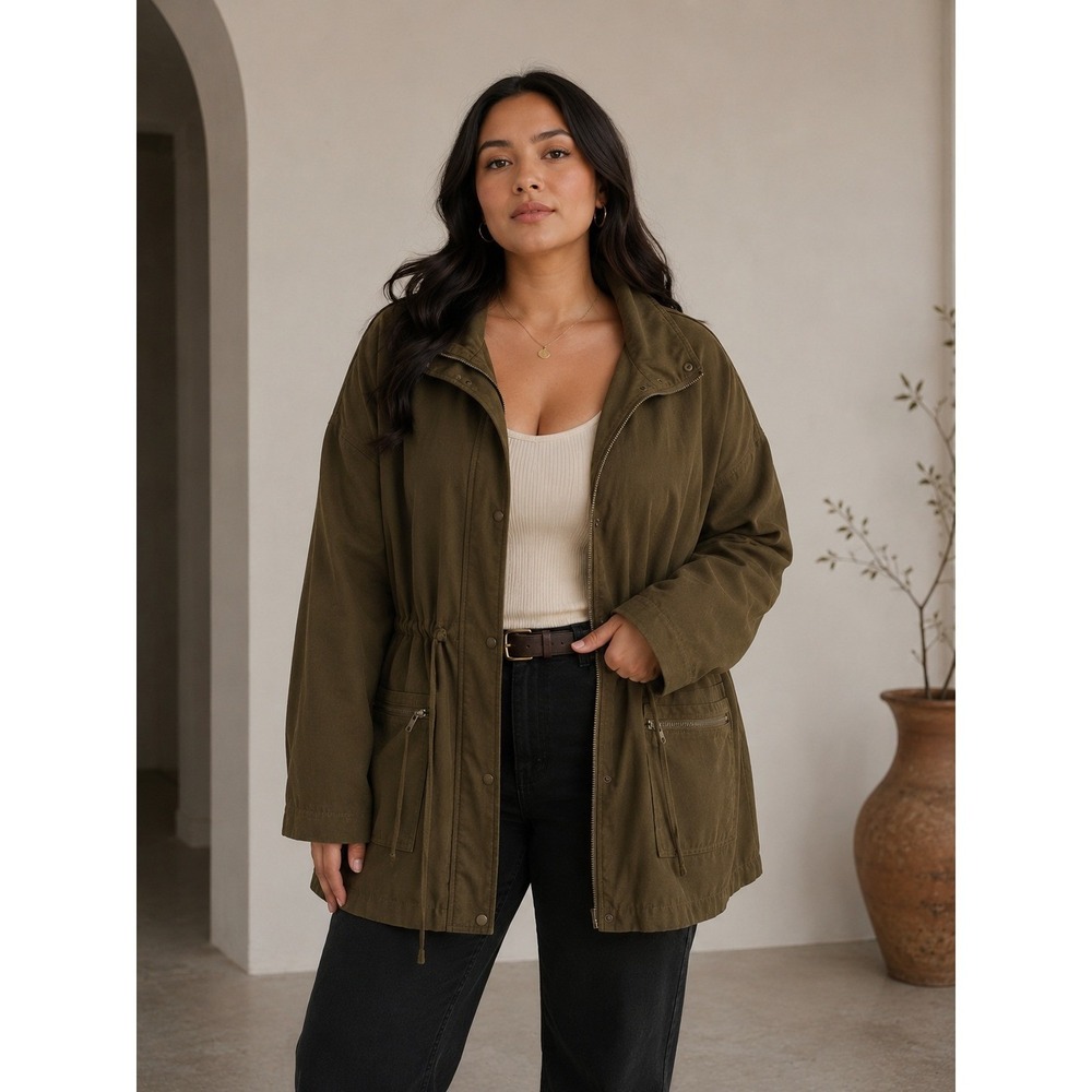 JustFab Olive‎ Utility Jacket XL Military Anorak Drawstring Lightweight Coat